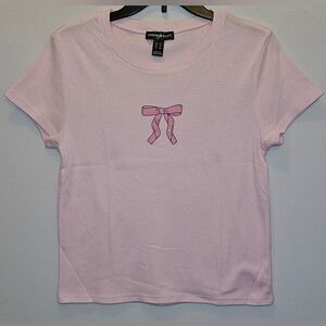 Bow With Gems Light Pink Baby Tee
